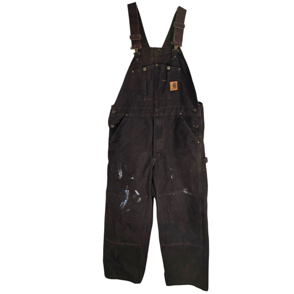 Carhartt R06 DKB Sandstone Duck Bib Overalls Dark Brown 36 x 30 Distressed Paint